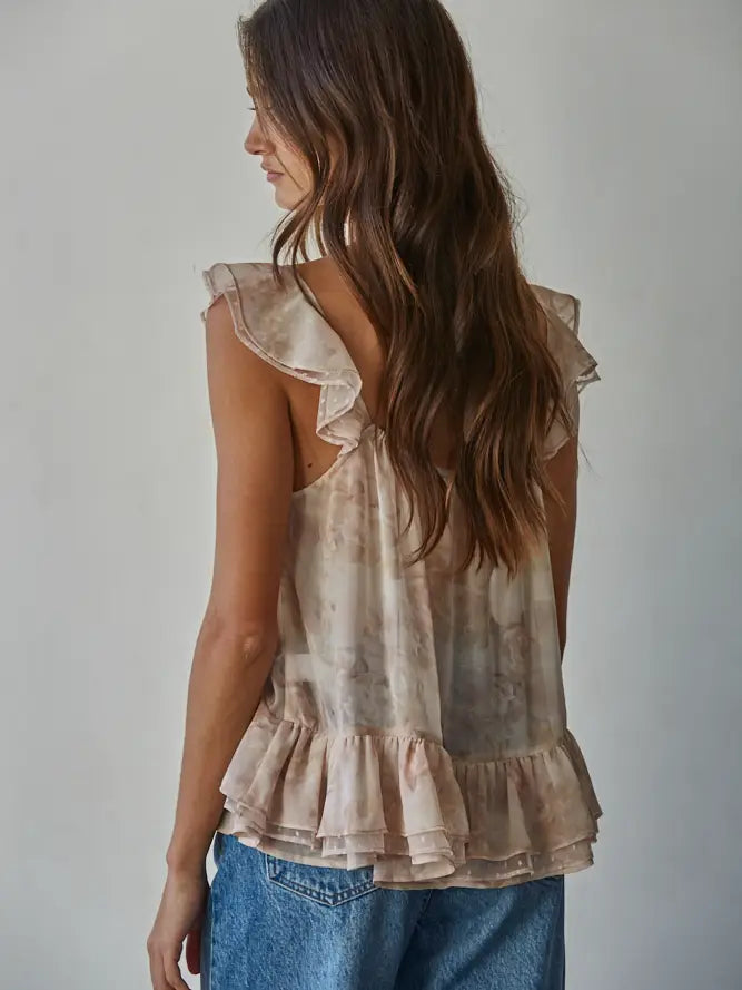 Floral Ruffle V-Neck Top - Rose Taupe