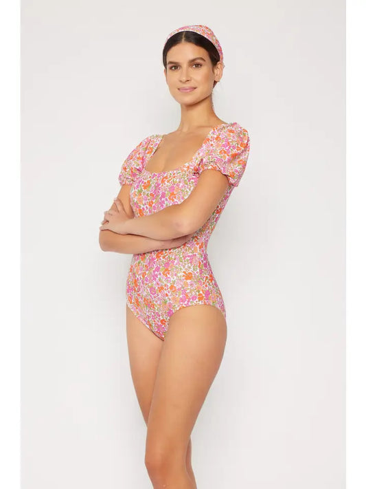 Puff Sleeve Swimsuit - Small Flowers Pink