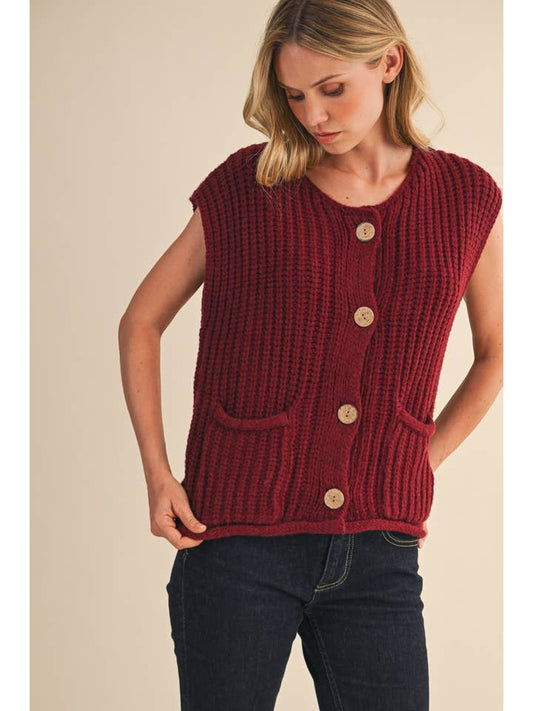 Pocket Front Sweater Vest - Burgundy