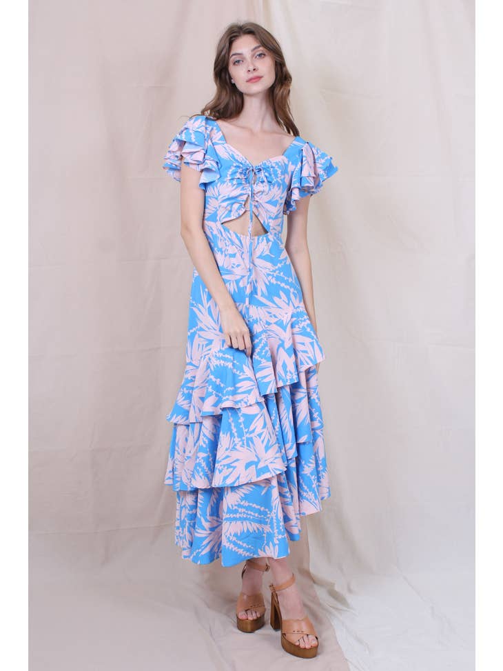Tropical Floral Ruffle Maxi Dress - Blue
