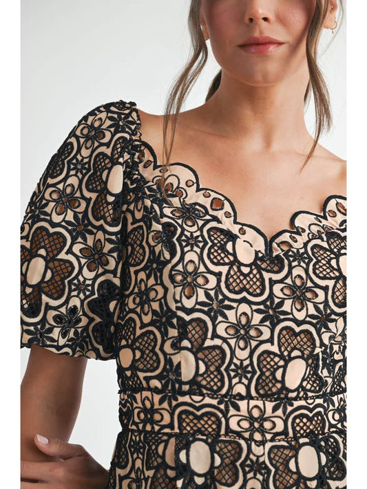 Crochet Puff Sleeve Romper - Taupe/Black