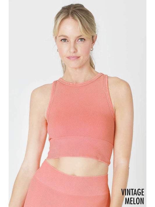Chevron Highneck Crop Top - Vintage Melon
