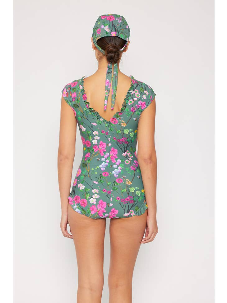 V Neck String Ruffle Swimsuit - Cherry Blossom Forest