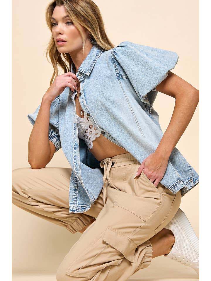 Puff Sleeve Denim Top - Light Blue