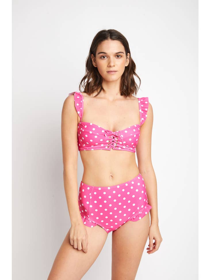High Waisted Balconette Swimsuit - Magenta White Dot