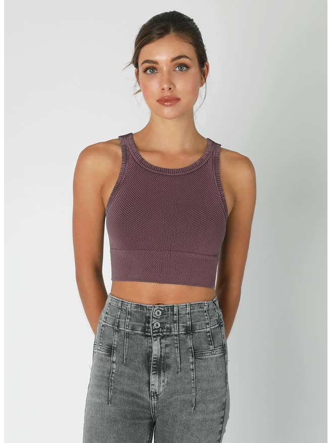 Chevron Highneck Crop Top - Vintage Plum
