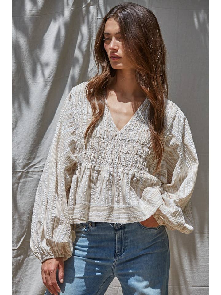 Woven Smocked Top - Ivory Taupe