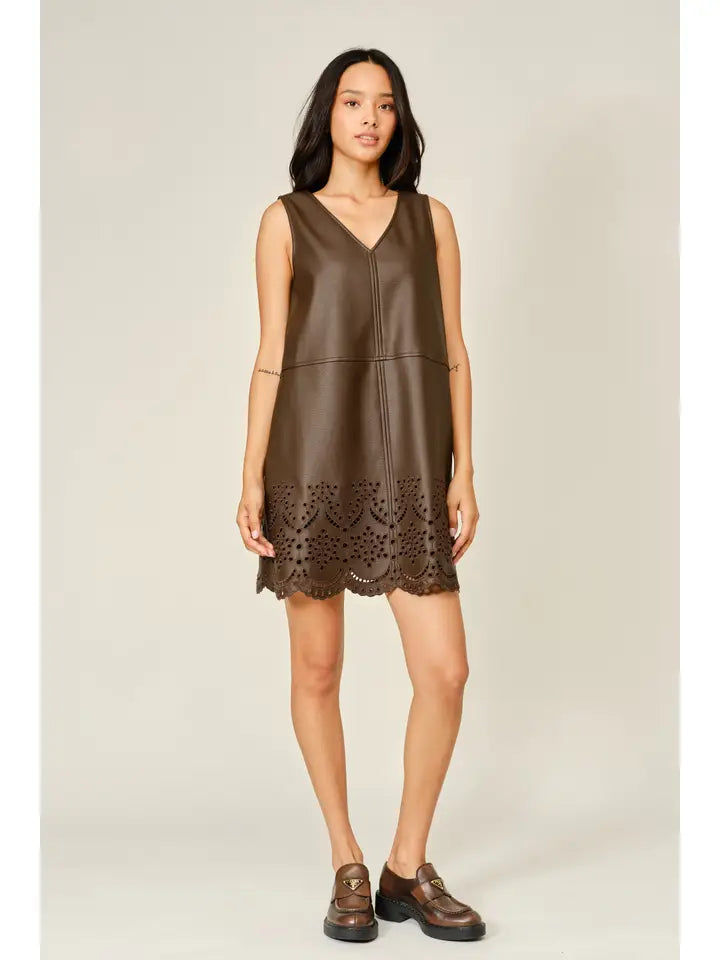Vegan Leather Embroidered Mini Dress - Dark Brown