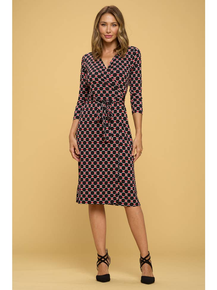 Floral Print V Neck Wrap Dress - Black Red - Final Sale