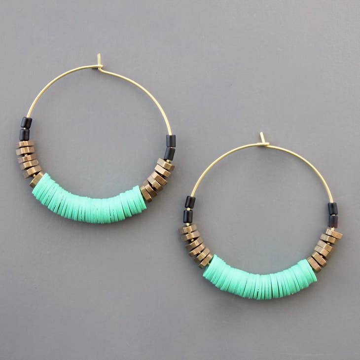 Green Black and Brass Hoop Earrings