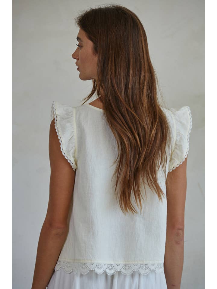 Embroidered Lace Trim Ruffle Top - Cream