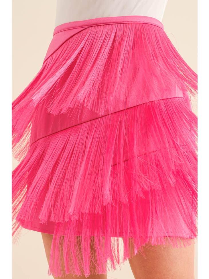 Tiered Fringe Mini Skirt - Hot Pink