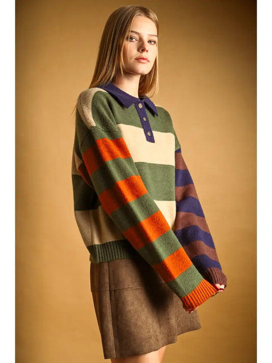 Color-Block Polo Sweater - Brown Multi