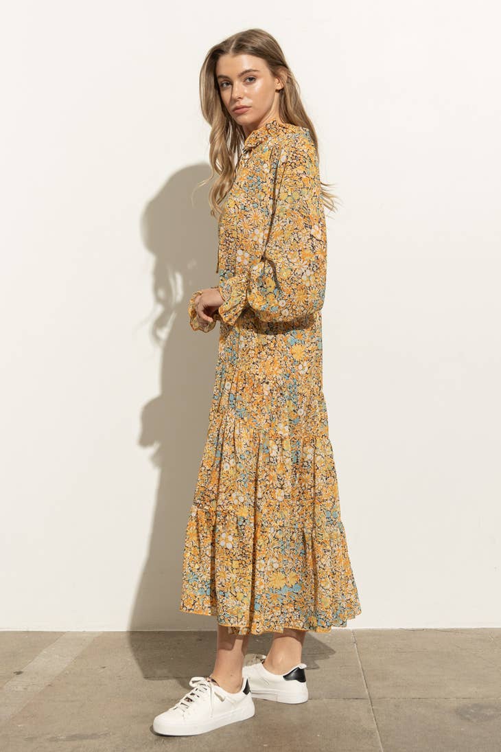 Ruffle Neck Tiered Maxi Dress - Mustard Multi
