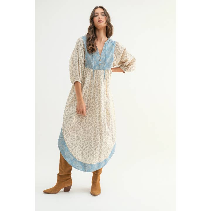 Nature Print Midi Dress - Natural/Blue