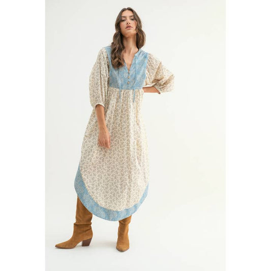 Nature Print Midi Dress - Natural/Blue