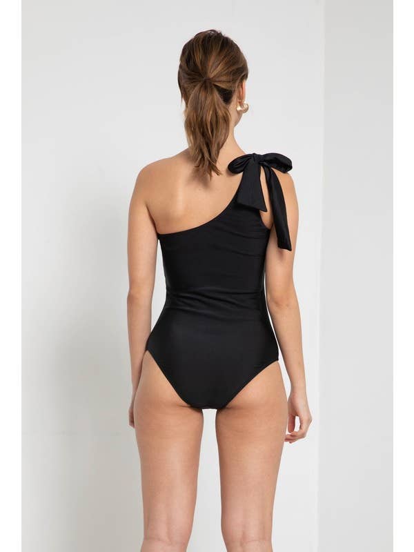 One-Off Shoulder Tie Swimsuit - Black