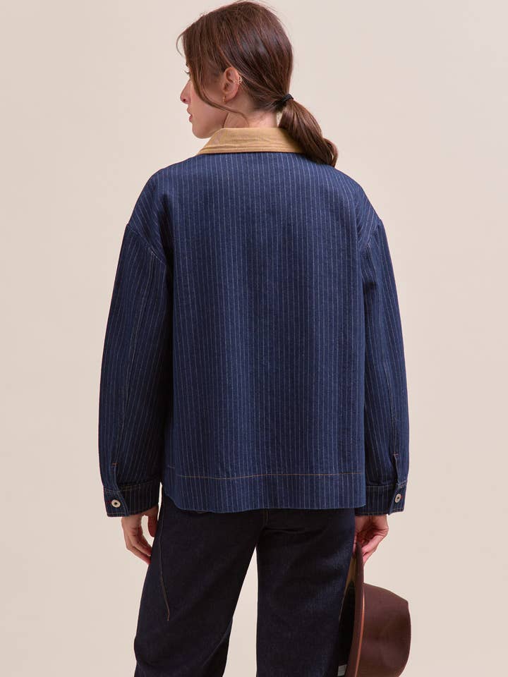 Oversized Pinstripe Denim Jacket - Indigo