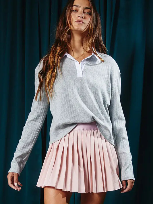 Contrast Collared Crop Top - Grey