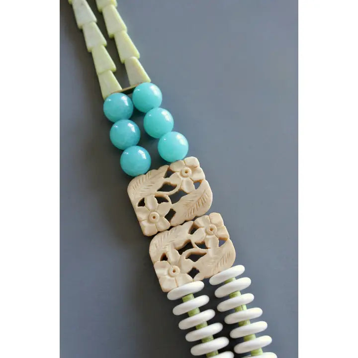 Double Strand Carved Buffalo Bone and Jasper Necklace