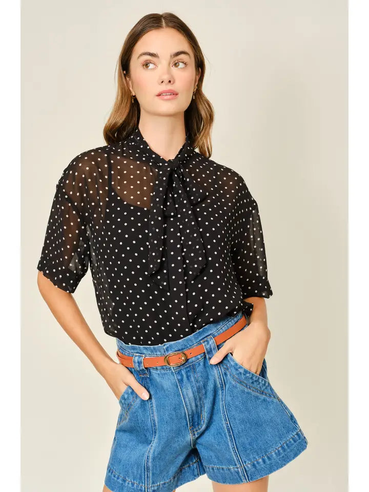 Polka Dot Ribbon Tie Top - Black