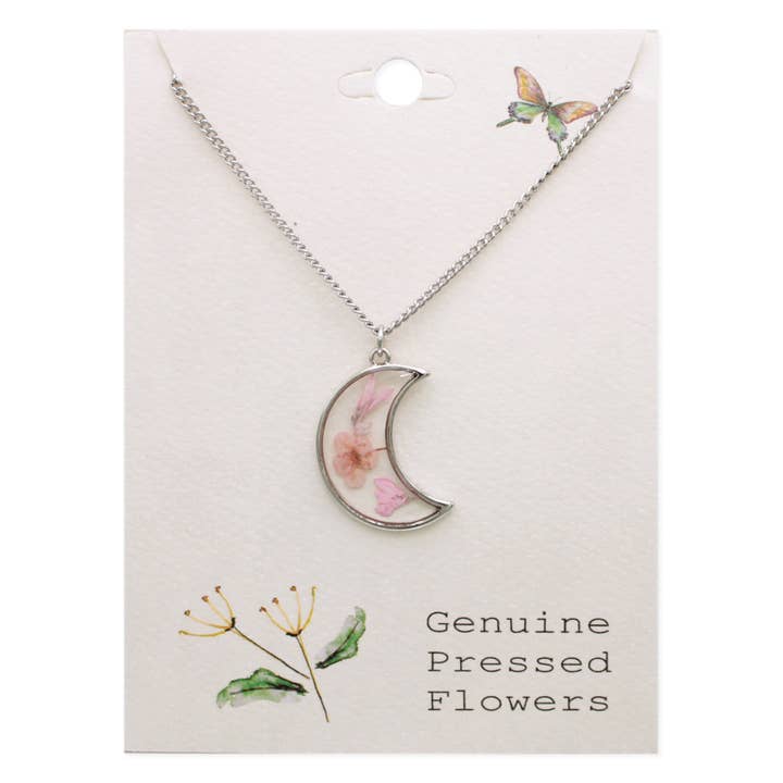 Dried Floral Necklace - Pink Silver Moon