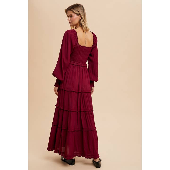 Smocked Square Neck Maxi Dress - Cherry Merlot