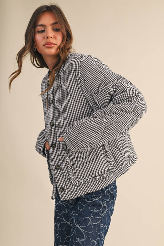 Plaid Padded Ruffled Pocket Jacket - Navy