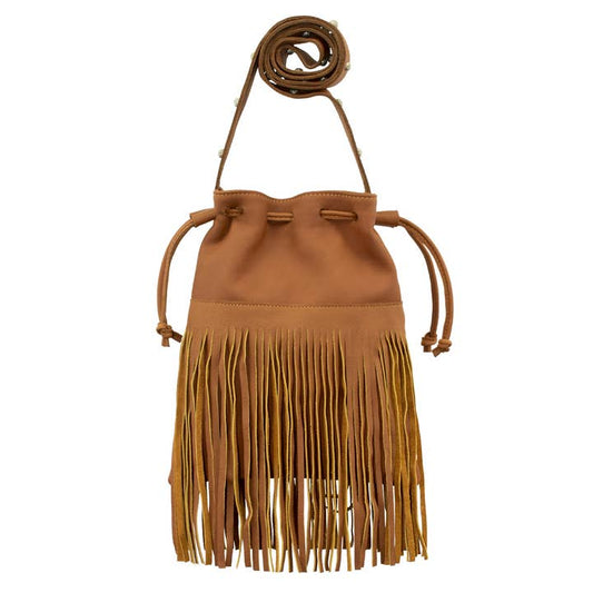 Drawstring Crossbody with Fringe - Natural Tan