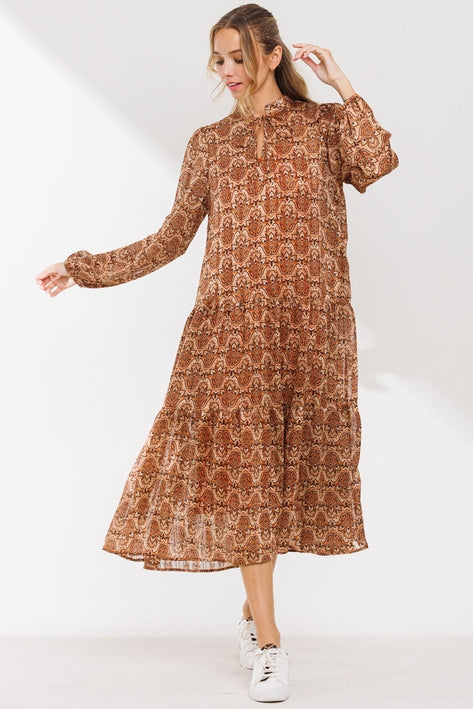Geometric Printed Long Sleeve Dress - Rust Multi