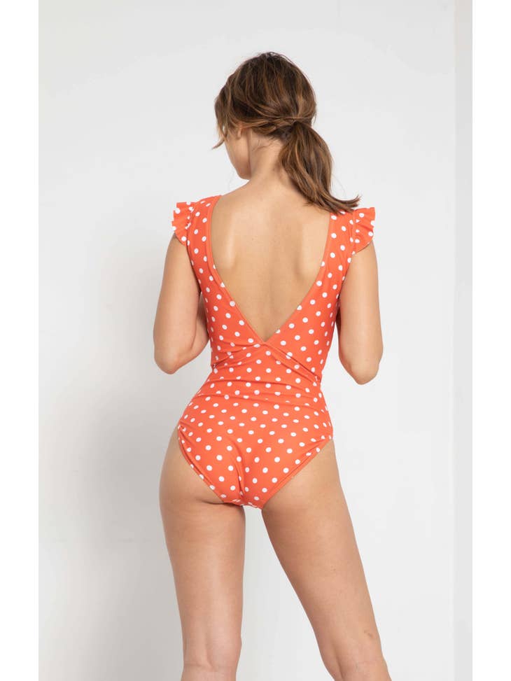 Low V Neck Ruffle Swimsuit - Carrot White Dot