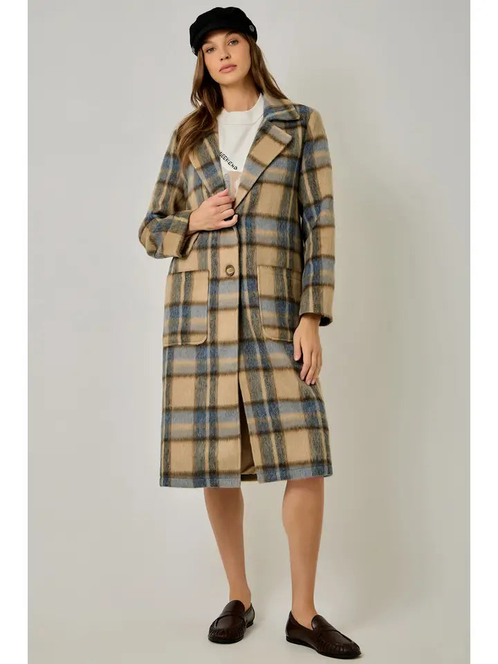 Brushed Plaid Long Coat - Latte Mix