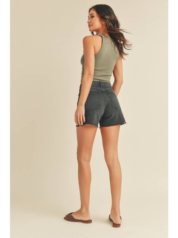 Clean High Rise Slit Short - Washed Black Denim