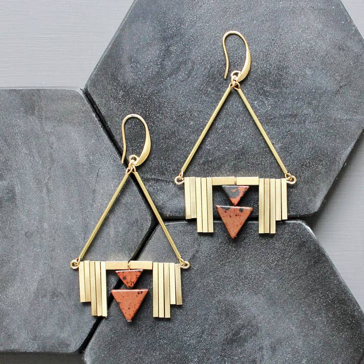 Burgundy and Brass Art Deco Earrings