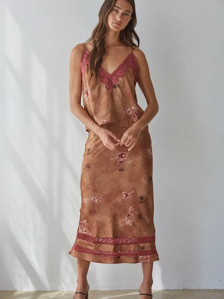 Satin Floral Tank - Brown Mauve