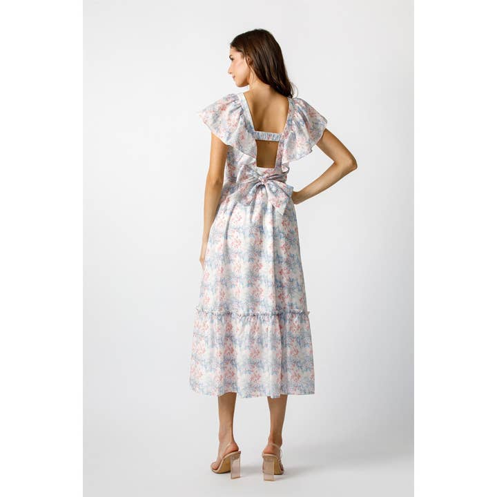 Ruffle Sleeve Midi Dress - White Multi
