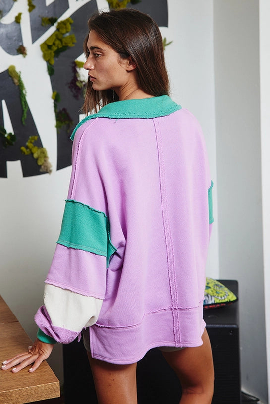Color Block Rugby Top - Lavender/Green