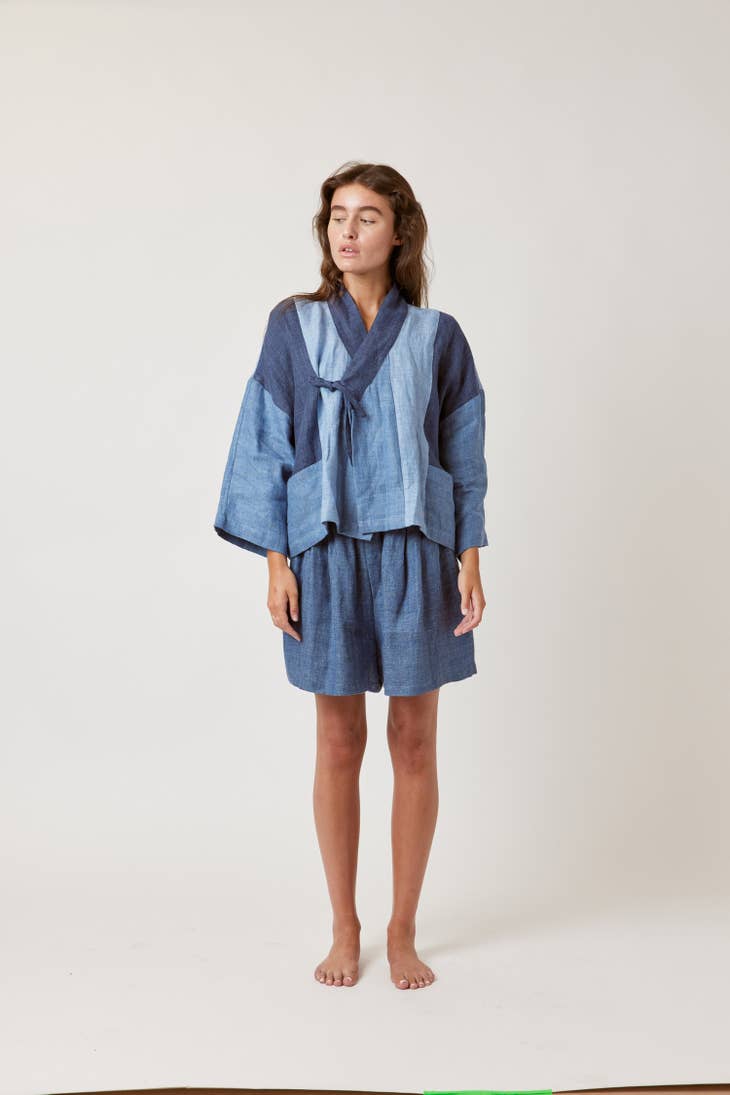 Linen Color-Blocked Jacket - Denim Tones