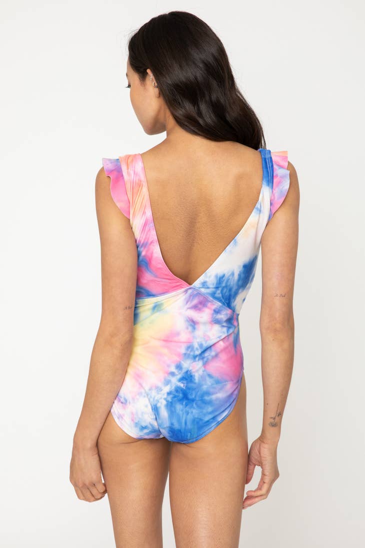 Low V Neck Ruffle Swimsuit - Tie Dye