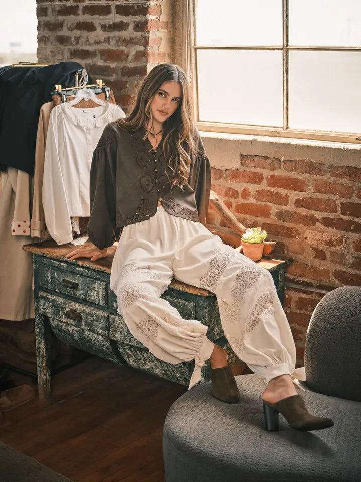 Vegan Leather Embroidered Blouse Top - Brown