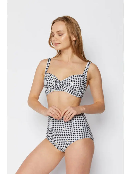 High Waisted Crossed Swimsuit - Gingham Daisy Black