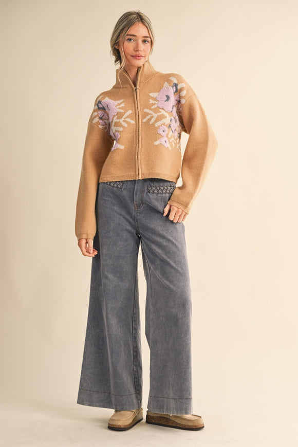 Floral Zip Cardigan - Taupe Flower