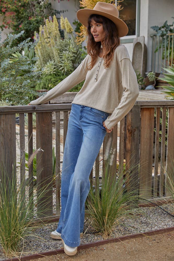 Knit Henley Sweater Crop - Natural