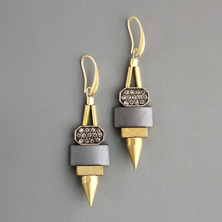 Art Deco Hematite and Brass Earrings