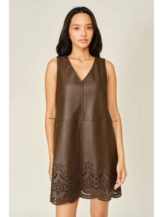 Vegan Leather Embroidered Mini Dress - Dark Brown