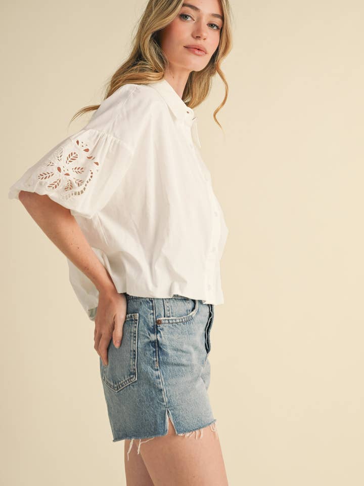 Embroidered Bubble Sleeve Button Down - White
