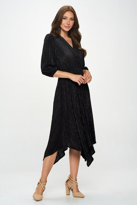 Plissé V-Neck Dress - Black