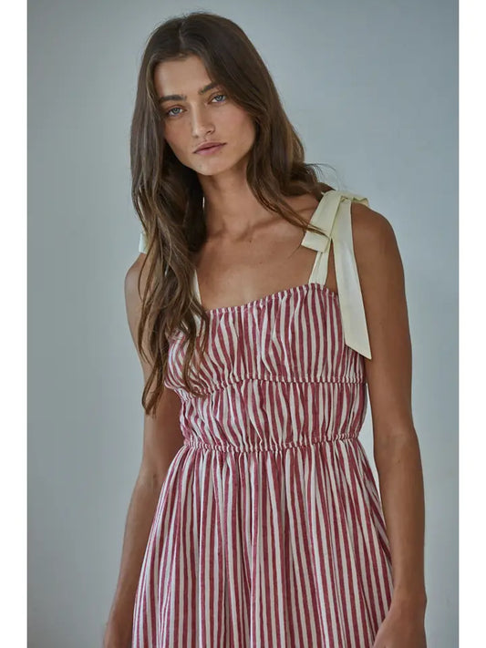 Striped Sleeveless Midi Dress - Red