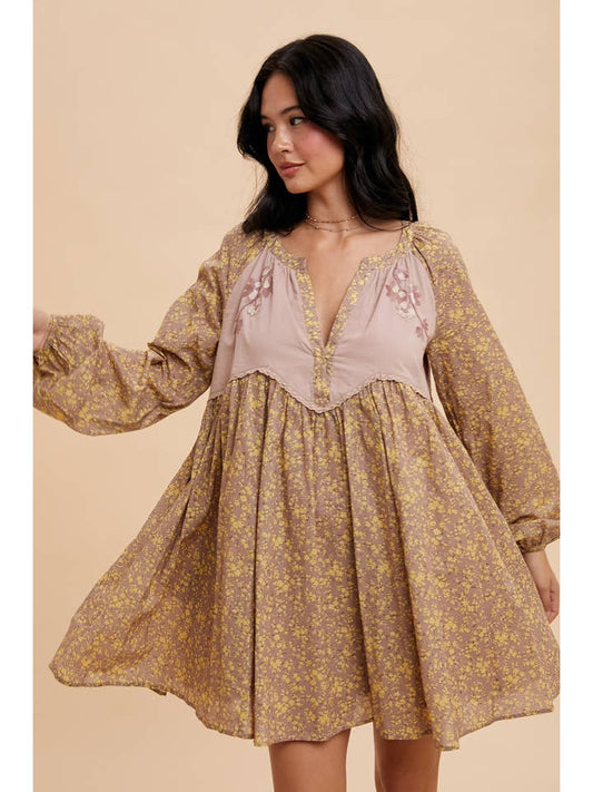 Embroidered Babydoll Dress - Fawn