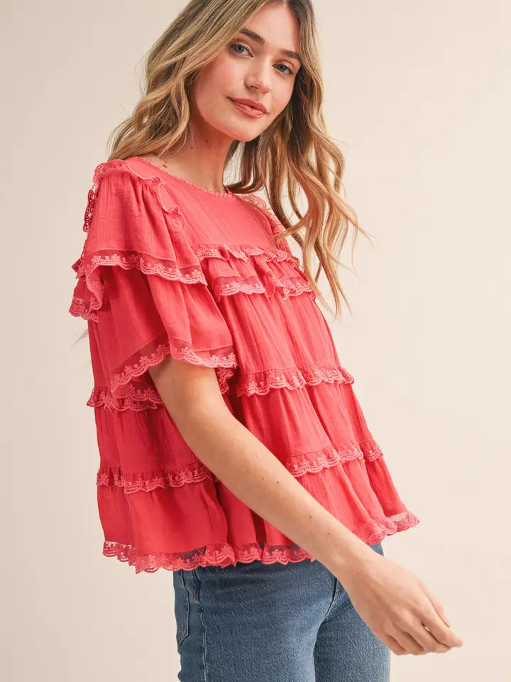 Tiered Ruffle Swing Top - Coral Orange